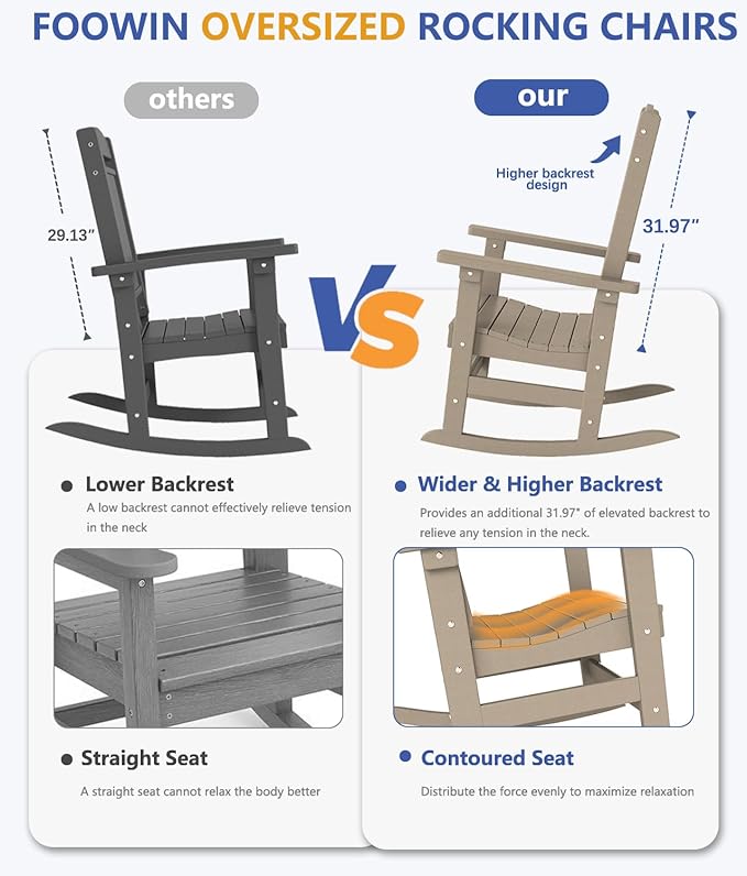 FOOWIN Outdoor Rocking Chair Set of 4, High Back Patio Rocking Chair, HDPE All Weather Resistant Porch Rocker for Adult, Oversized Rocking Chairs for Garden, Lawn, Indoor & Outdoor Use, Brown