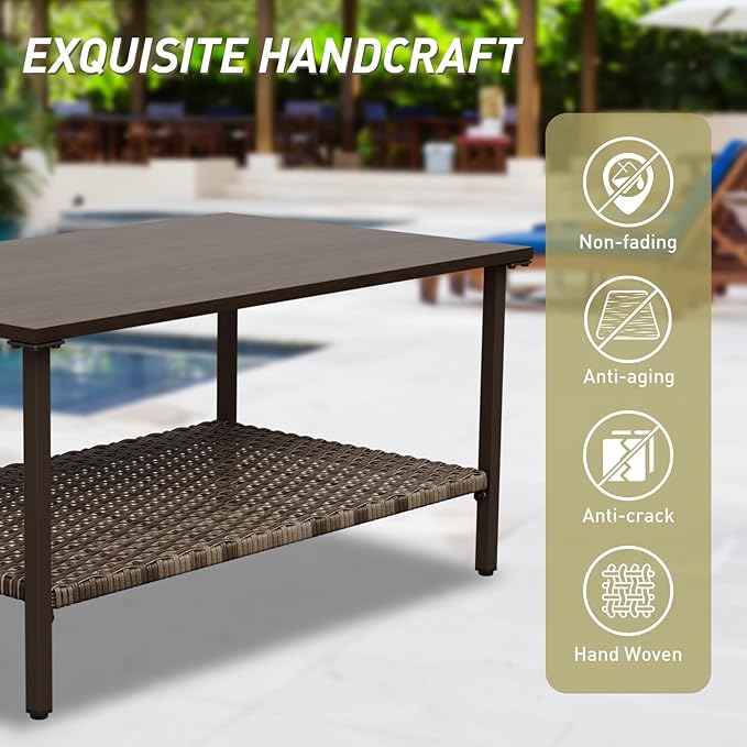 Vista Oasis Outdoor Steel Patio Table, Patio Coffee Table with Lower Storage, Outdoor Furniture for Balcony, Porch and Garden, Wood Grain Top