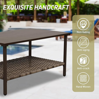 Vista Oasis Outdoor Steel Patio Table, Patio Coffee Table with Lower Storage, Outdoor Furniture for Balcony, Porch and Garden, Wood Grain Top