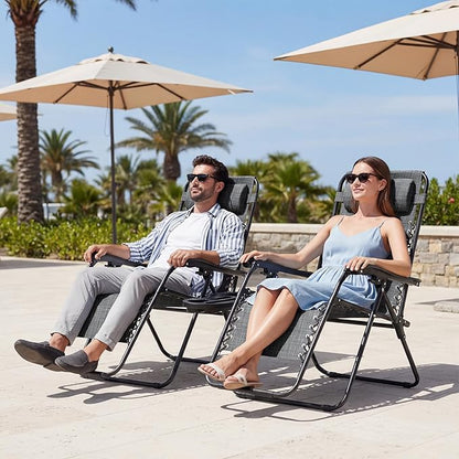 JEAREY Oversized Zero Gravity Lounge Chairs Set of 2, Adjustable Steel Mesh Recliners with Pillows and Cup Holder Trays for Patio, Garden, Beach, Dark Grey