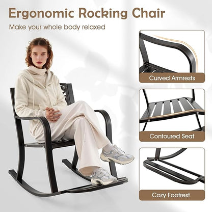 Giantex Patio Rocking Chair, Outdoor Cast Aluminum Rocker w/Footrest, Backrest & Curved Armrests, Heavy-Duty Metal Classic Rocking Leisure Seat for Backyard, Poolside, Balcony (Antique Brown,2)