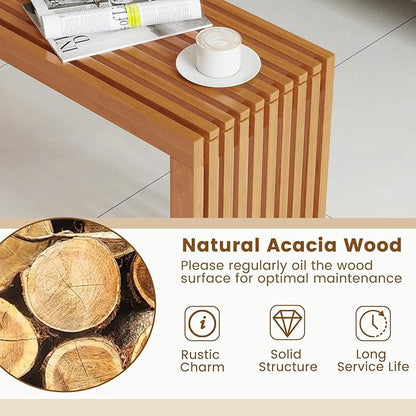 HAPPYGRILL Outdoor Acacia Wood Bench, Patio Bench with Slatted Seat & Metal Protectors, for Entryway Porch Backyard Park, 800 lbs (2)