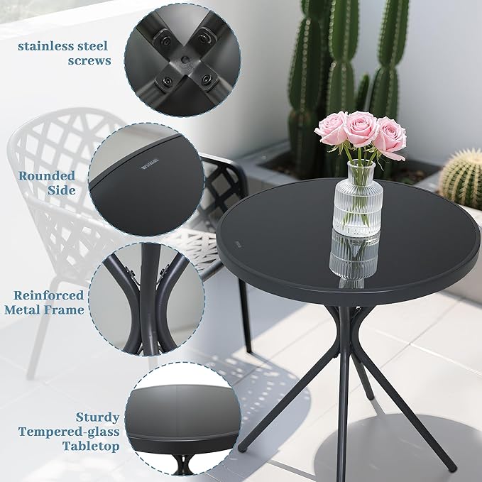 Outdoor Round Coffee Side Table, Tempered Glass Tabletop, All-Weather Bistro Table, Suitable for Terraces, Gardens - Photo 6
