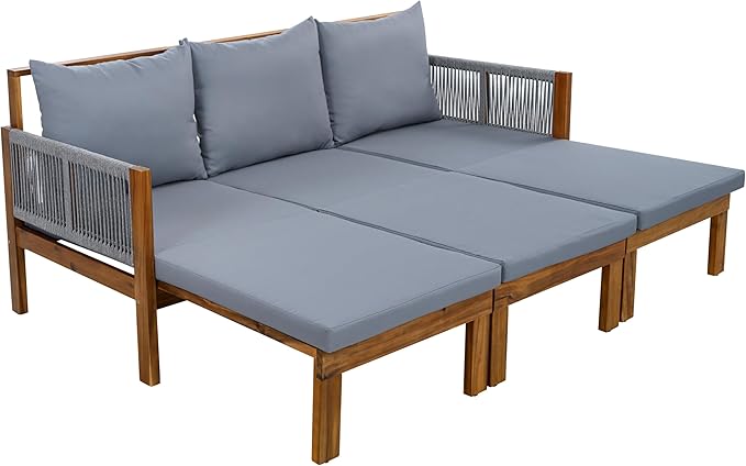 LUMISOL Outdoor Patio Day Bed Sofa, 3 Seat Convertible Sleeper Sofa for Poolside Backyard, Patio Furniture Lounge Couch with Cushion, Beige