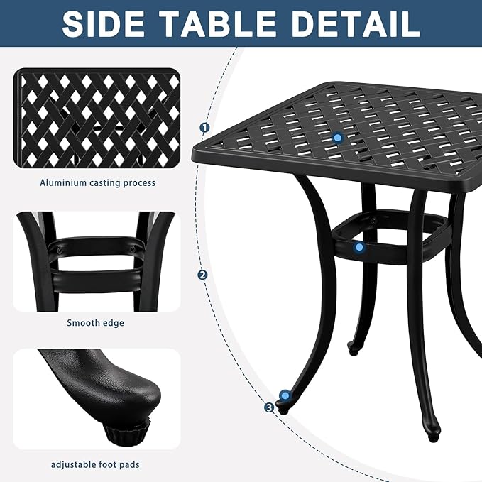 21”Cast Aluminum Outdoor Side Table, Cast Aluminum Patio End Tables, Weather Resistant End Table, Coffee Table for Patio, Porch, Deck, Garden, Black (1, Black)