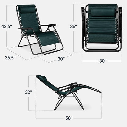 Best Choice Products Set of 2 Extra Wide Adjustable Steel Mesh Zero Gravity Lounge Chair Recliners w/Pillows and Cup Holder Trays - Forest Green