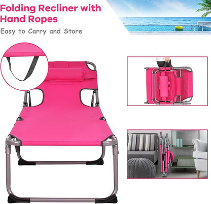 GYMAX Tanning Chair, Folding Beach Lounger with Face Arm Hole, Adjustable Backrest, Side Pocket, Pillow & Carry Handle, Outside Sunbathing Lounge Chair for Patio, Poolside, Lawn (1, Pink)