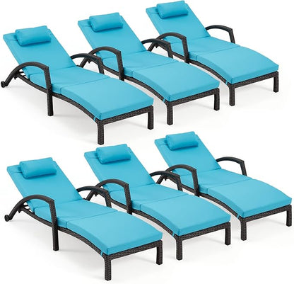 HOMREST Chaise Lounge Chairs Set of 6, PE Rattan Wicker Lounge Chair with Arm and Wheels for Poolside,Blue