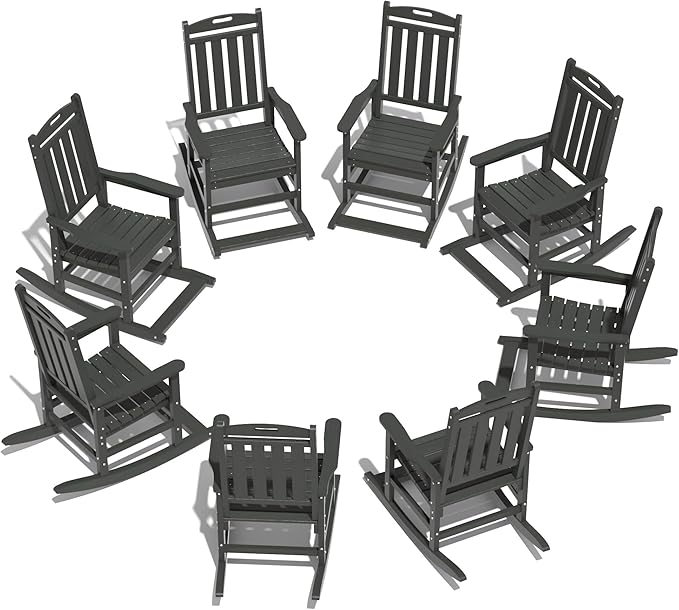 LOUNZY Outdoor Rocking Chair with Footboards Set of 8, HDPE Rocking Chair Patio Porch Rocker with 380lbs Support for Adult, Grey