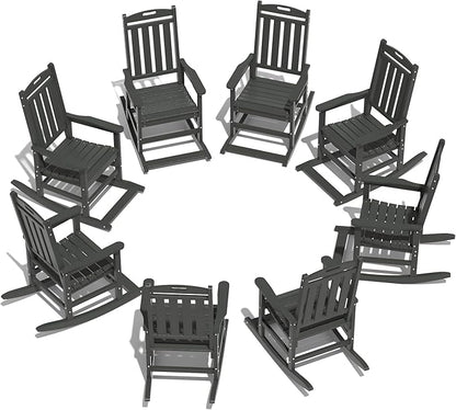LOUNZY Outdoor Rocking Chair with Footboards Set of 8, HDPE Rocking Chair Patio Porch Rocker with 380lbs Support for Adult, Grey