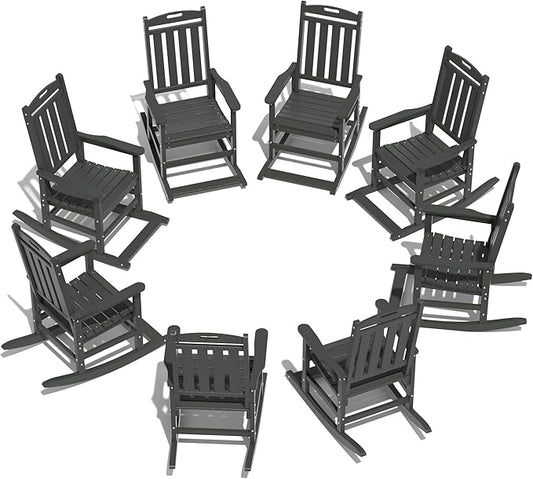 LOUNZY Outdoor Rocking Chair with Footboards Set of 8, HDPE Rocking Chair Patio Porch Rocker with 380lbs Support for Adult, Grey