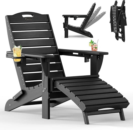 Folding Adirondack Chair with Retractable Ottoman Weather Resistant Fire Pit Chair Patio Chair with 2 Cup Holder Lawn Outdoor Lounge Chair (Black)