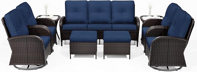Joyside Wicker Patio Furniture Set, 9 Piece Outdoor Furniture Set with Thickened Cushions, High Back, Deep Seating, Wide Armrest, Outdoor Swivel Rocker Chairs for Porch, Deck