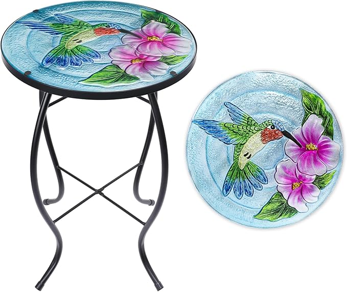 VCUTEKA Patio Side Table Outdoor Accent Table Small Mosaic Table Coffee Table End Table Porch Indoor Outdoor Round Glass Balcony Bistro Hummingbird Flowers 14 inches