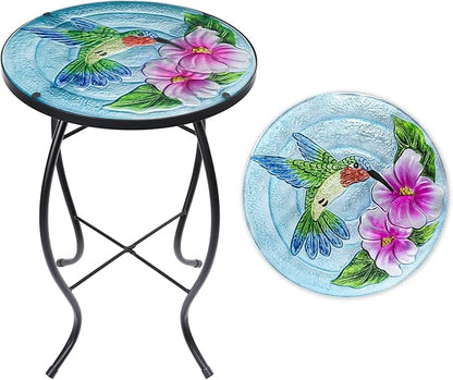 VCUTEKA Patio Side Table Outdoor Accent Table Small Mosaic Table Coffee Table End Table Porch Indoor Outdoor Round Glass Balcony Bistro Hummingbird Flowers 14 inches