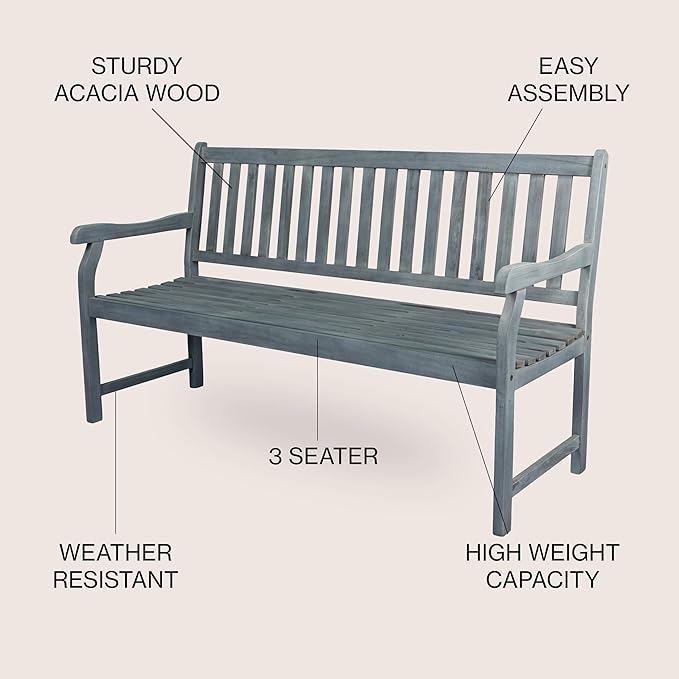 JONATHAN Y BNH101B Laurel 59.1" 3-Seat Slat-Back 600-Lbs Support Acacia Wood Outdoor Garden Patio Bench for Garden, Lawn - Photo 4