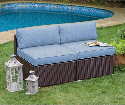 COSIEST 2-Piece Outdoor Furniture Add-on Armless Chairs for Expanding Chocolate Brown Wicker Sectional Sofa Set w Heritage Blue Thick Cushions for Garden, Pool, Backyard