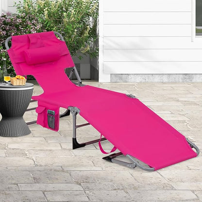 Goplus Tanning Chair, Folding Adjustable Patio Lounge Chair with Face Hole, Removable Pillow, 330LBS, Carry Strap, Outdoor Sunbathing Chair, Lightweight Portable Beach Lounge Chair, No Assembly