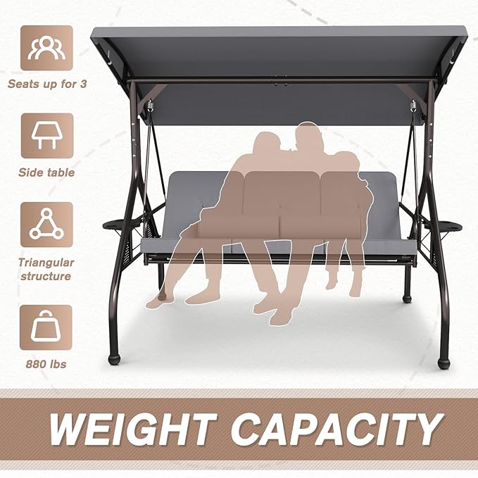 3 Seat Outdoor Porch Swing Chair, Adjustable Canopy Swing Bench, Convertible Backrest Swing Bed with Thicken Cushions - Photo 6