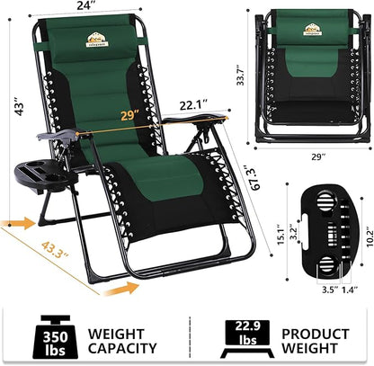Oversized Padded Zero Gravity Lounge Chair, Foldable Patio Anti Gravity Reclining Chairs Folding Lawn Recliner with Cup Holder for Yard, Camping, Outdoor, Support 350 LBS, Green