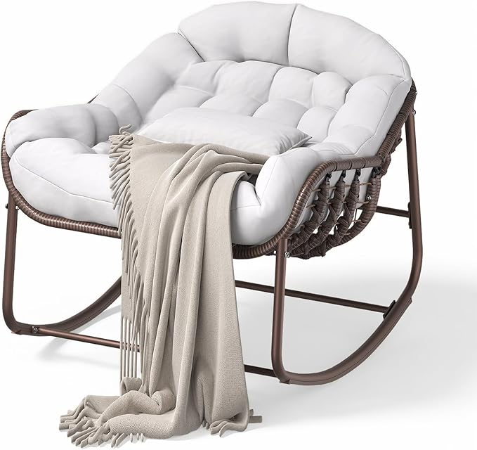 GarveeLife Outdoor Papasan Rocking Chair, Oversized Wicker Lounge Chair with Cushion and Metal Frame, Patio Rattan Egg Rocker for Balcony Backyard Porch Bedroom, White