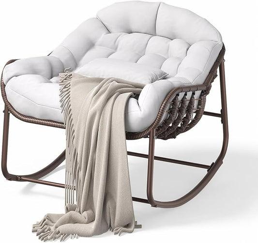 GarveeLife Outdoor Papasan Rocking Chair, Oversized Wicker Lounge Chair with Cushion and Metal Frame, Patio Rattan Egg Rocker for Balcony Backyard Porch Bedroom, White