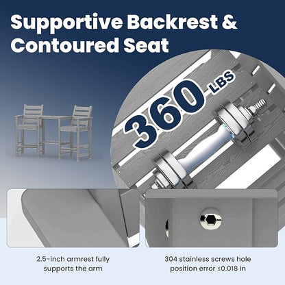 PLUUV Tall Adirondack Chairs Set of 2, All Weather HDPE Poly Bar Height Balcony Adirondack Chair with Removable Double Connecting Trays, Outdoor Adirondack Barstools for Deck, Patio, Yard, Pool, Lawn