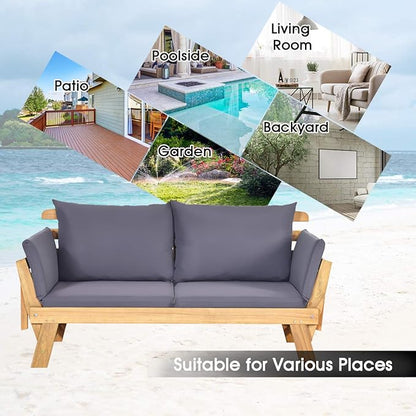 Tangkula Convertible Acacia Wood Patio Couch Sofa Bed with Adjustable Armrest, Outdoor Daybed with Cushion & Pillows, Outside Folding Futon Sofa Couch Bench for Porch, Courtyard, Poolside & Garden