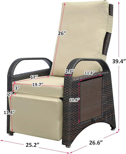 ATR ART TO REAL Outdoor Recliner Chairs, PE Wicker Reclining Lounge Chair with Removable Soft Cushion, Adjustable Outside Recliners for Patio, Porch, Poolside, Balcony, Lawn (Khaki, 1 PC)