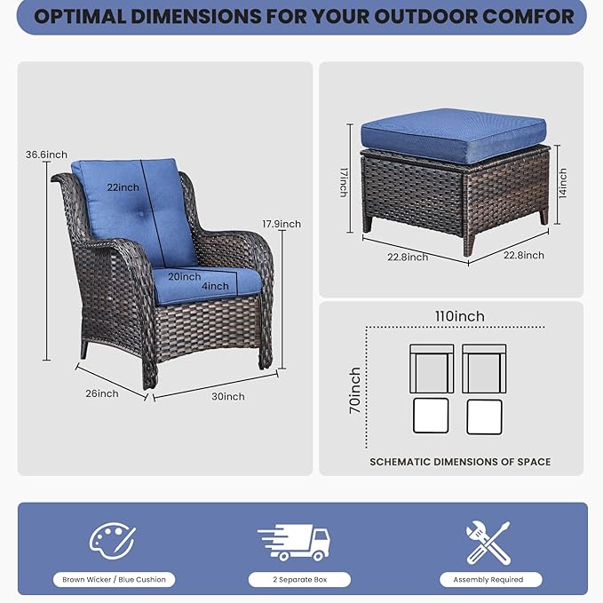 Belord Wicker Furniture 4 Pieces Outdoor Patio Furniture Set Patio Chairs with Ottomans Conversation Set for Porch Garden Deck Balcony Poolside