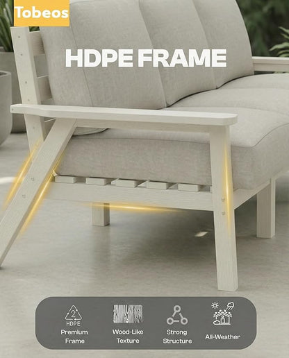 HDPE Patio Furniture Set with Cantilever Umbrella, Outdoor Couch with Washable Thick Beige Cushions & Tables, Outdoor Sectional Furniture for Deck, Lawn, Porch (White Frame)