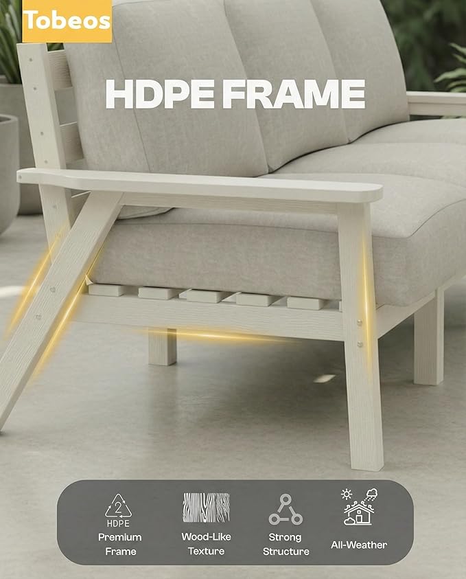 HDPE Patio Furniture Set 4 Seats, Outdoor Couch with Washable Thick Beige Cushions & Coffee Table & Side Table, Outdoor Sectional Furniture for Backyard, Deck, Lawn, Porch (White Frame)