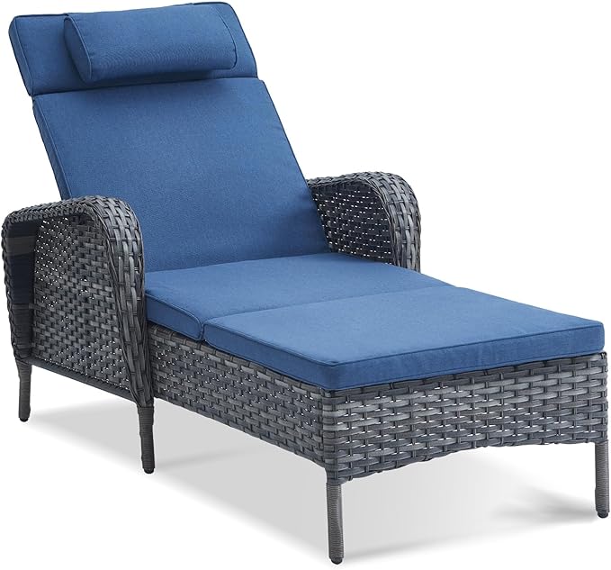 Belord Wicker Outdoor Chaise Lounge Patio Recliner - 75 Inch Adjustable Chaise Lounge with Soft Pillow Removable Cushions, All Weather Rattan Pool Lounge Chair for Poolside Deck - Gray/Blue