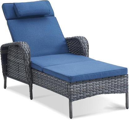Belord Wicker Outdoor Chaise Lounge Patio Recliner - 75 Inch Adjustable Chaise Lounge with Soft Pillow Removable Cushions, All Weather Rattan Pool Lounge Chair for Poolside Deck - Gray/Blue