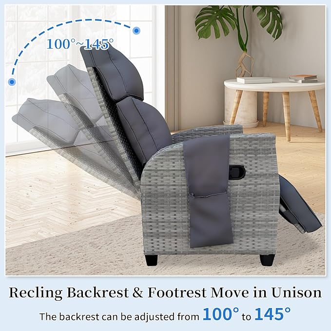 Wicker Outdoor Recliner | Outdoor Recliner Chair | Patio Reclining Chair with 4" Thick Cushion, Adjustable Backrest & Footrest, Flip-up Table & Side Pocket For Patio, Outdoor & Indoor (Gray&Gray)