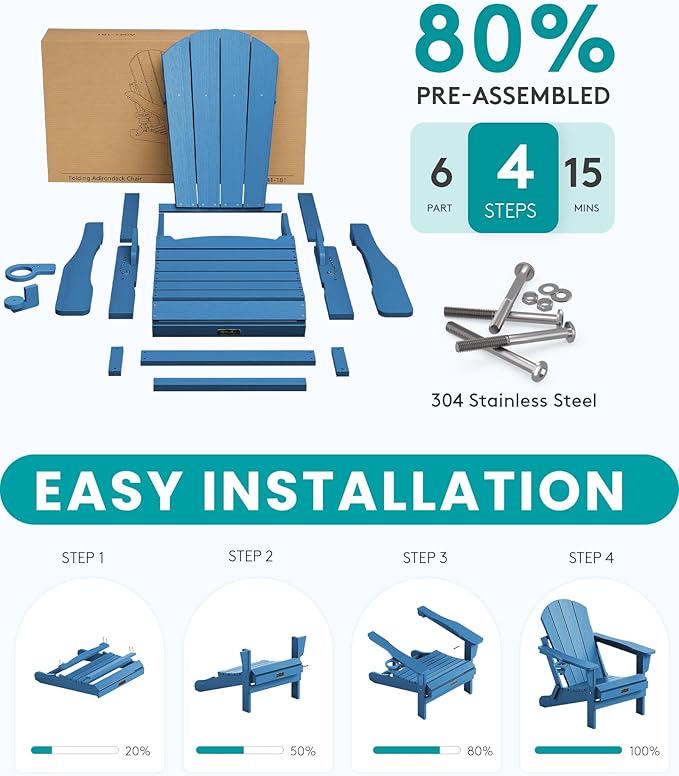 SERWALL Folding Adirondack Chair Set of 4, Weather Resistant HIPS Patio Chairs with Cup Holder for Garden Outdoors Fire Pit Chairs- Sapphire