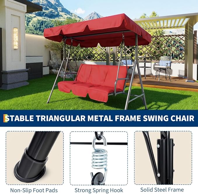 Outdoor Swing Chair with Adjustable Canopy - 3 Seat Glider Bench with Thickened Cushions for Patio, Garden, Backyard Red