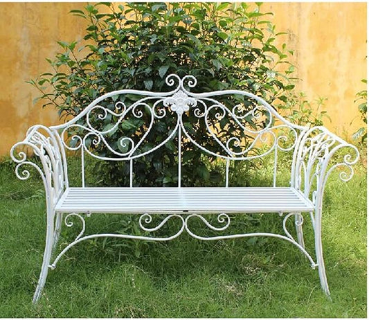 SYUFRE Outdoor Garden Bench Patio Furniture Chair Park Bench with Flower Pattern Backrest, Slatted Seat, Metal Bench Outdoor for Outdoor Porch, Lawn, Balcony, Backyard (Color : White)