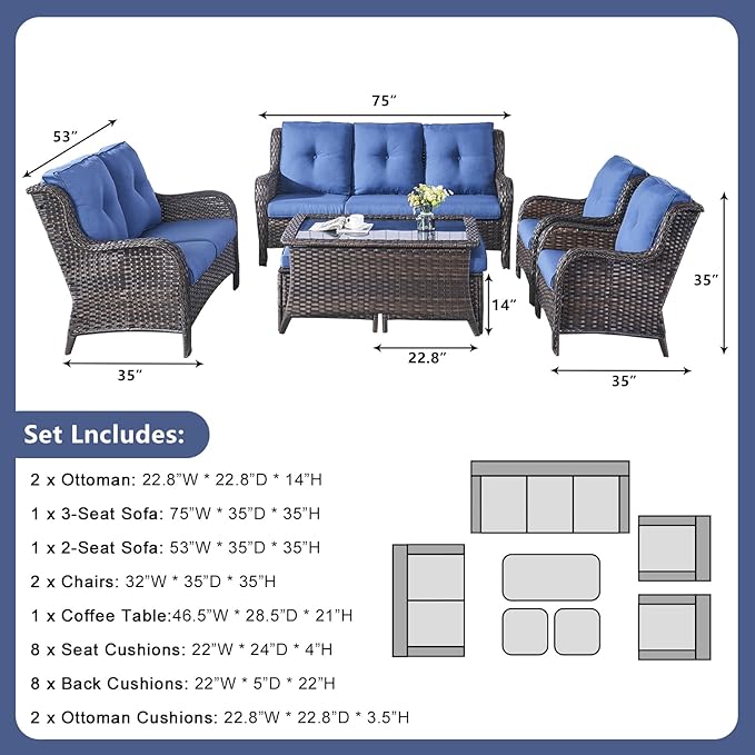 Outdoor Patio Furniture Sofa Set - 7 Piece Rattan Wicker Patio Sectional Conversation Sets with 1 Sofa, 1 Loveseat - Photo 2