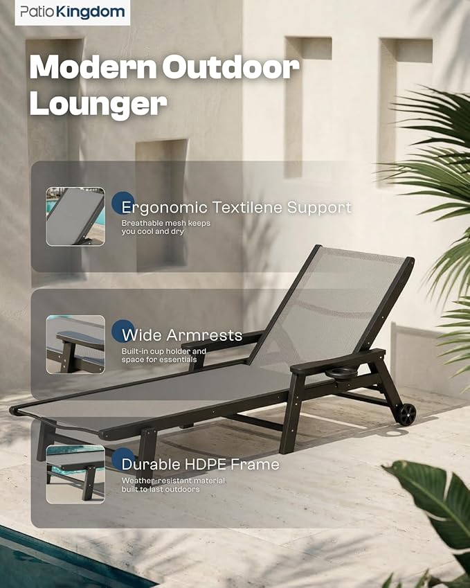 Patio Chaise Lounge Chair with Wheels & Cup Holder, HDPE Textilene Outdoor Lounge Chair 5 Positions Adjustable for Poolside Deck Patio Backyard (4, Grey Frame, Grey Textilene)