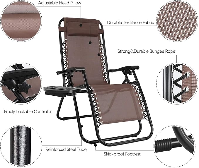 Flamaker Patio Zero Gravity Chair Outdoor Folding Lounge Chair Recliners Adjustable Lawn Lounge Chair with Pillow for Poolside, Yard and Camping (Brown)