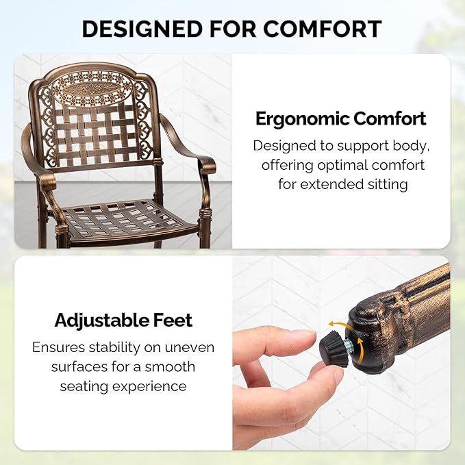 VINGLI Patio Chairs Set of 2 - Stackable Outdoor Cast Aluminum Dining Chairs with Vintage Bronze Finish and Plaid Pattern, Metal Armchairs for Poolside, Backyard, Balcony (No Cushion)