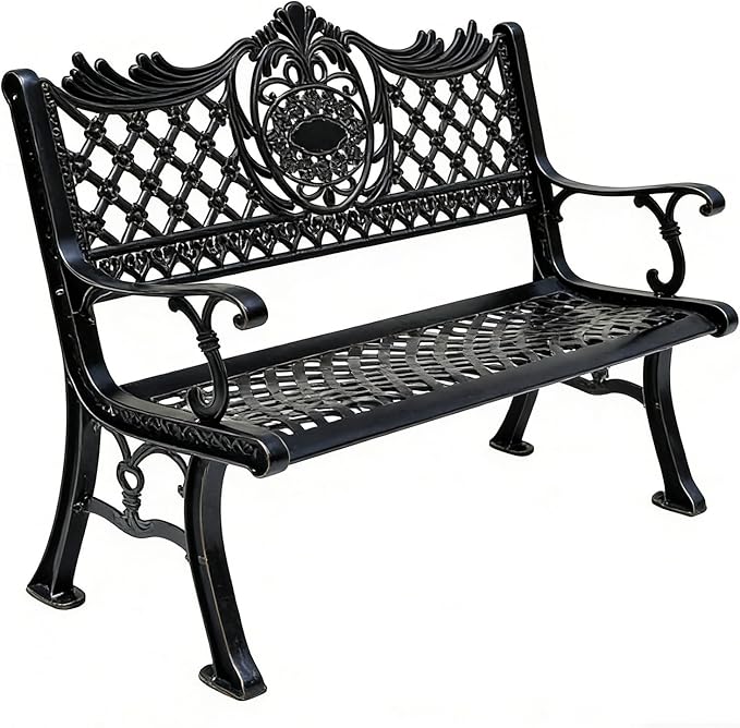 51" Outdoor Bench Garden Bench Cast Aluminum Bench with Floral Back Metal Front Porch Benches for Yard Patio Entryway Park (Matte Black)