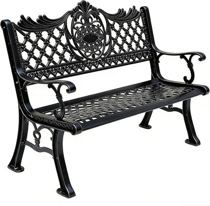 51" Outdoor Bench Garden Bench Cast Aluminum Bench with Floral Back Metal Front Porch Benches for Yard Patio Entryway Park (Matte Black)