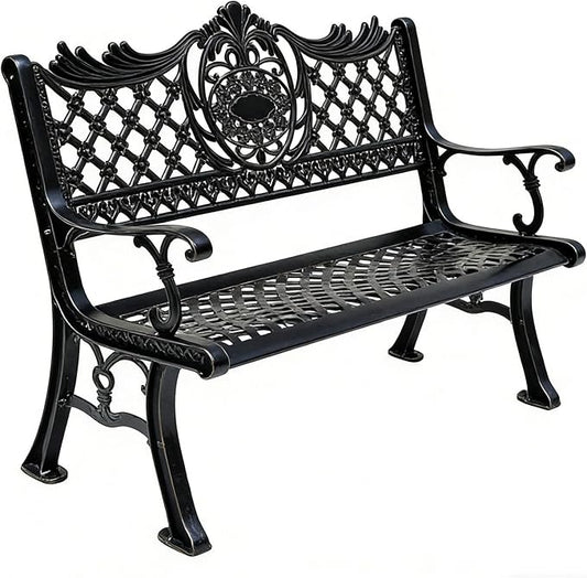 51" Outdoor Bench Garden Bench Cast Aluminum Bench with Floral Back Metal Front Porch Benches for Yard Patio Entryway Park (Matte Black)
