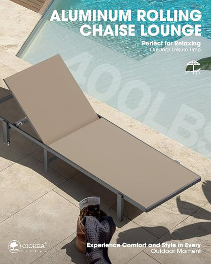 Ciokea Patio Chaise Lounge Chair Set of 2, Outdoor Lounge Chairs with Wheels, 5-Position Adjustable Sun Loungers for Pool, Deck, Beach, Khaki