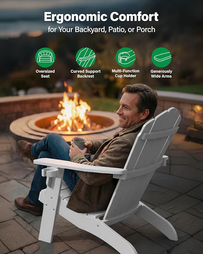 YEFU Oversized Plastic Adirondack Chair Set of 4 with Cup-Holder, Weather Resistant, Poly Lumber Outdoor Chairs Duty Rating Widely Used in Patio, Lawn, Outside, Deck, Garden Chair-White