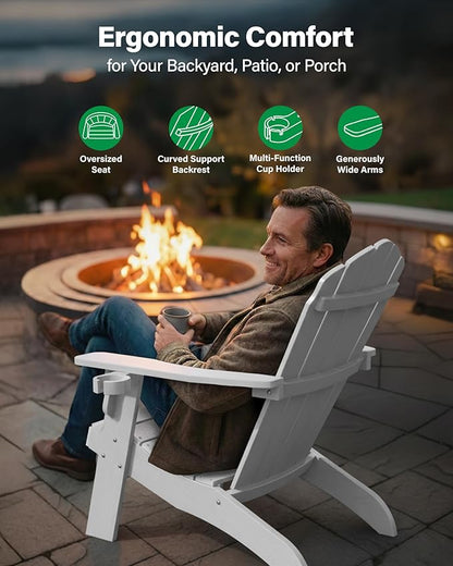 YEFU Oversized Plastic Adirondack Chair Set of 4 with Cup-Holder, Weather Resistant, Poly Lumber Outdoor Chairs Duty Rating Widely Used in Patio, Lawn, Outside, Deck, Garden Chair-White