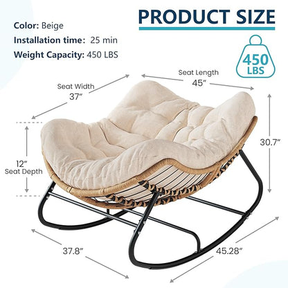 Outdoor Rocking Chair, Oversized Papasan Chair, Indoor Comfy Lounge Rocker with Cushion for Patio, Living Room, Porch, Balcony-Cream