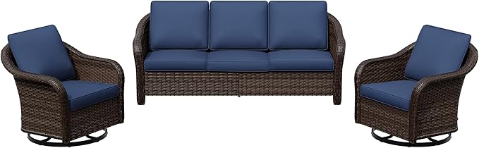 3 Pieces Patio Conversation Set, 78" Wicker 2-Seat Couch with Washable Cushions, Wicker 360 Degree Swivel Glider Rocker Chairs, Sofa for Garden, Lawn (Navy Blue)